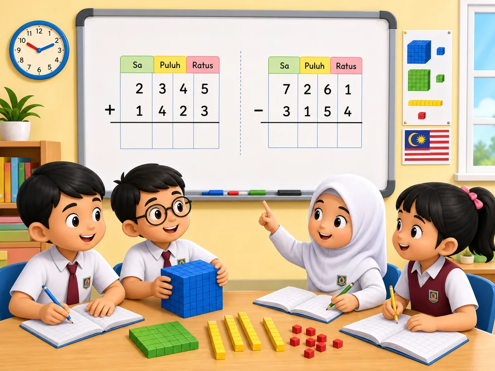 Murid belajar tambah dan tolak nombor bulat dalam bentuk lazim